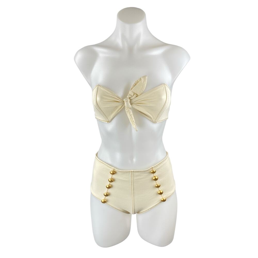 Lisa Marie Cream Strapless Bandeau High Waist Button Two Piece Swimwear Size 4
